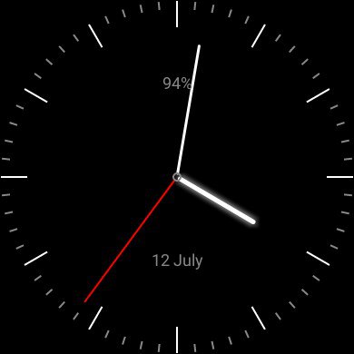 Preview of the analogue watchface. It is showing the time at 4:01:36 on 12th July with a battery level of 94%
