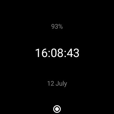 Preview of the digital watchface. It is showing the time at 16:08:43 on 12th July with a battery level of 93%